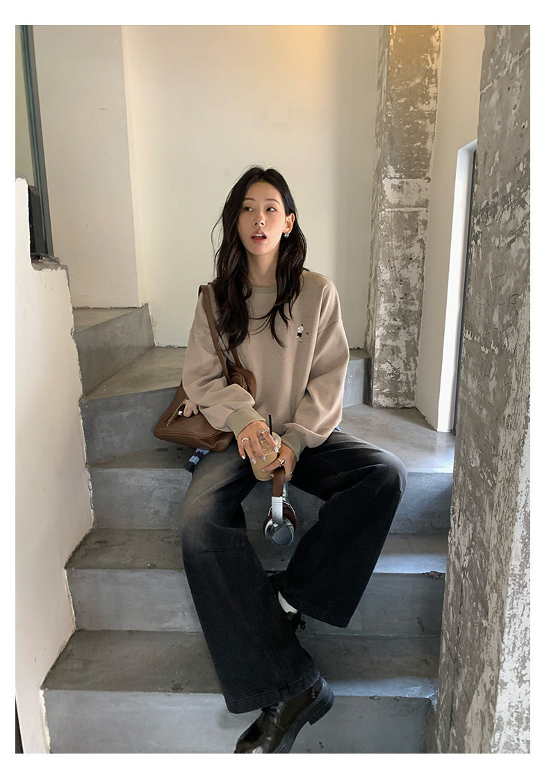 【H5402】實拍復古做舊洗水黑灰色廓形牛仔褲250902