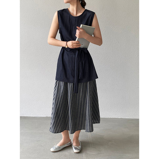 【cimz2593】韓系高級知性美💙藏青色無袖收腰上衣+條紋半身裙套裝260416