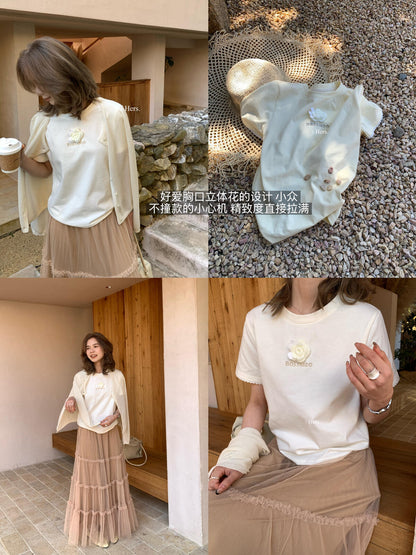 【L80141】實拍Hers韓系chic時髦精✨精緻立體花朵刺繡百搭顯瘦圓領短袖T恤260330