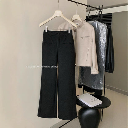 【LY9588】實拍Y.JIA 簡約毛呢加絨加厚微喇休閒褲251208