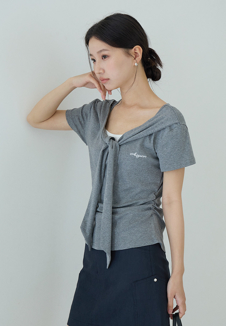 【LD11174】實拍設計感韓系絕美粉色帶披肩/綁帶假兩件短袖T恤260317