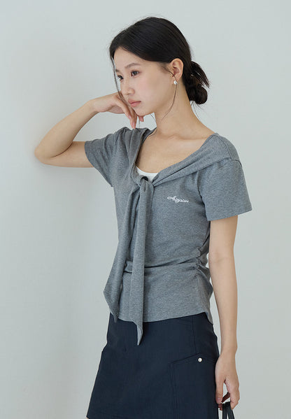 【LD11174】實拍設計感韓系絕美粉色帶披肩/綁帶假兩件短袖T恤260317