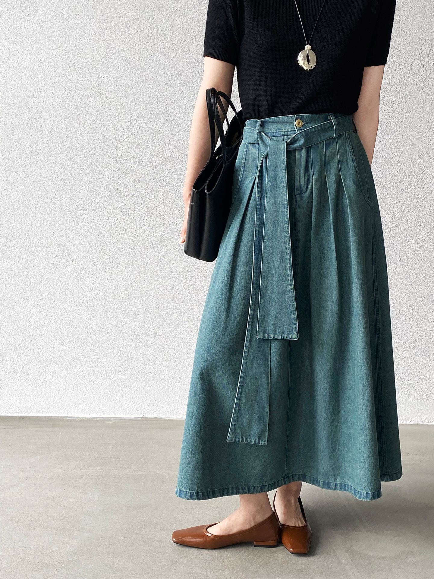 【cimz6517】實拍韓系簡約休閒風✨高腰顯瘦綁帶A字長版牛仔裙260409