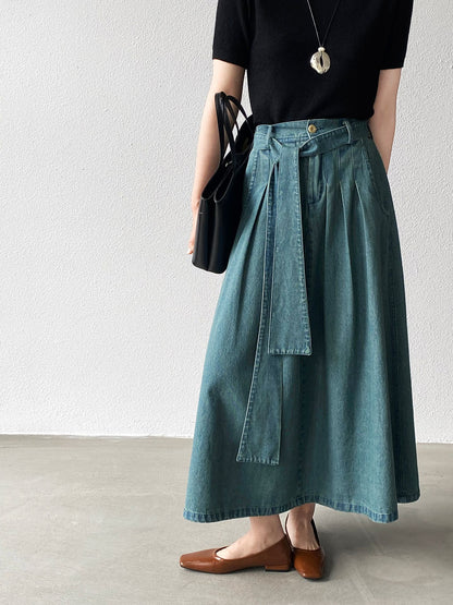 【cimz6517】實拍韓系簡約休閒風✨高腰顯瘦綁帶A字長版牛仔裙260409