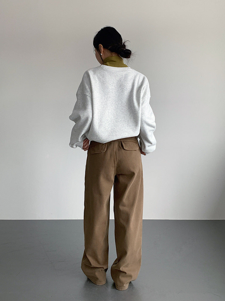 【LD11020】實拍S~XL加絨加厚復古水洗做舊彎刀闊腿牛仔褲251110