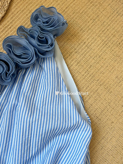 【LD0358W】法式溫柔仙女系🌸立體花朵條紋斜肩無袖上衣260323