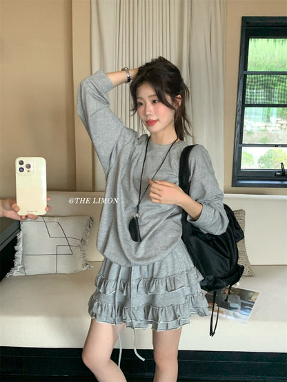 【L9161】實拍檸檬家慵懶少女長袖衞衣+蛋糕裙 2件套250901