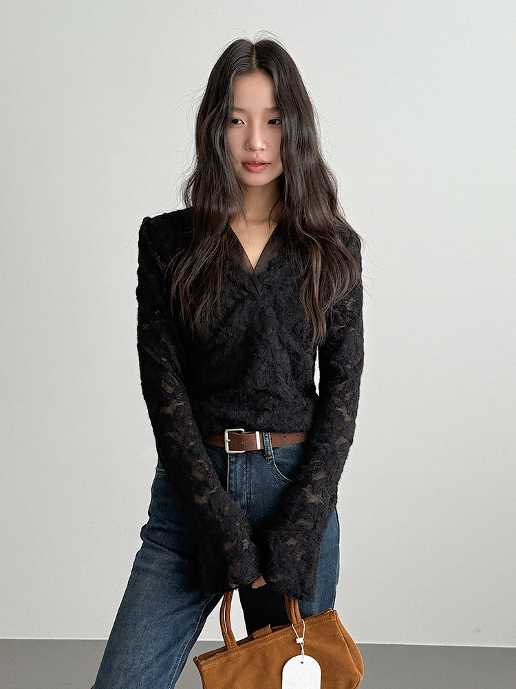 【LD3295】實拍法式喇叭袖加絨蕾絲衫251103