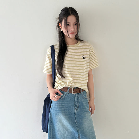 【LD11235】實拍韓系清新氧氣感🍃經典百搭條紋刺繡圓領短袖T恤260414