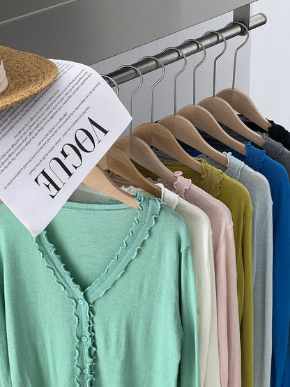 【cimz5643】韓系清新氧氣感🍃寬鬆顯瘦木耳邊V領花邊薄款針織上衣260319