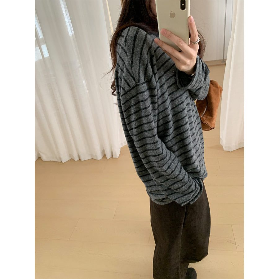 【H572】實拍復古磨毛刺繡條紋圓領T恤251021