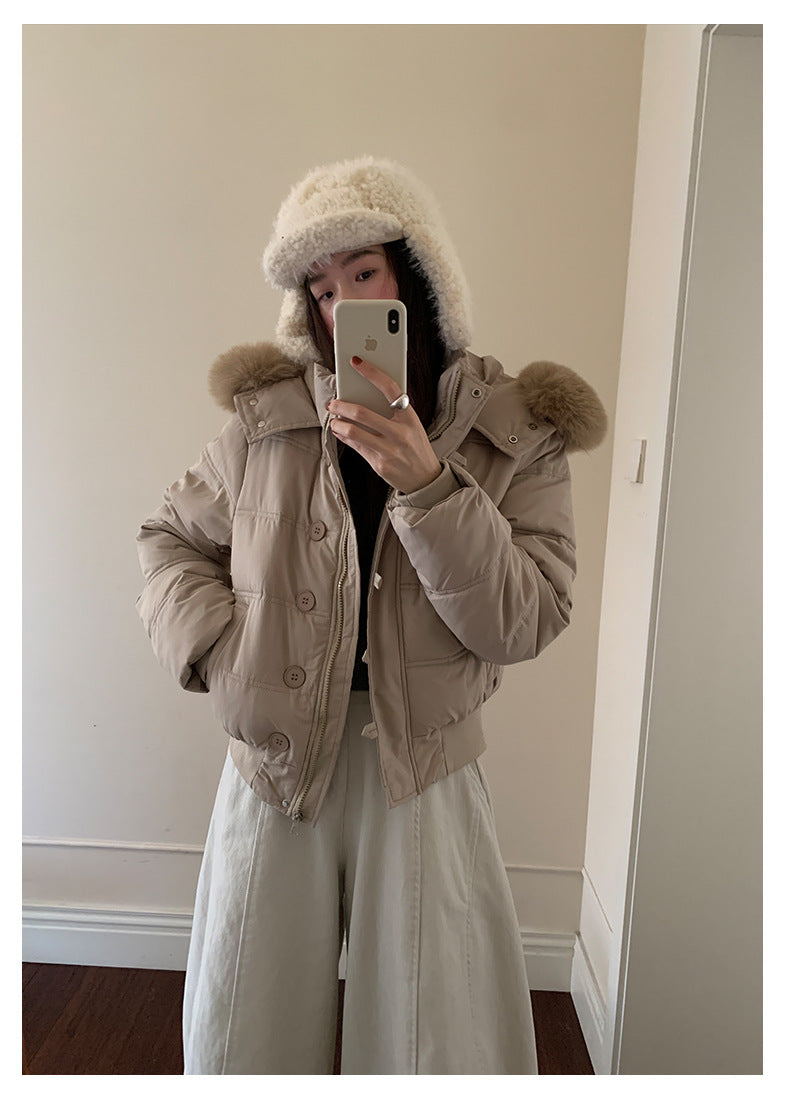 【H5501】實拍奶油風毛領連帽短款加厚棉服251118