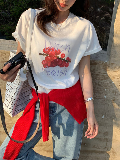 【L10228】可愛學院風🍓韓版水果印花寬鬆休閒圓領短袖T恤260511