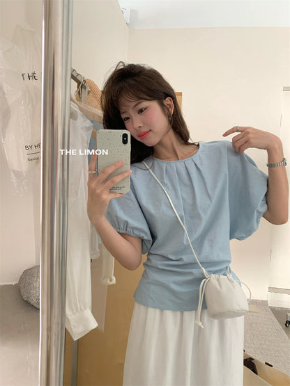 【LTM1057】實拍檸檬夏法式褶皺棉麻後背綁帶襯衫250519