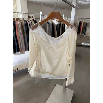 【LS71207】實拍IMISS柔美日常・絲絨微透斜肩長袖上衣261006