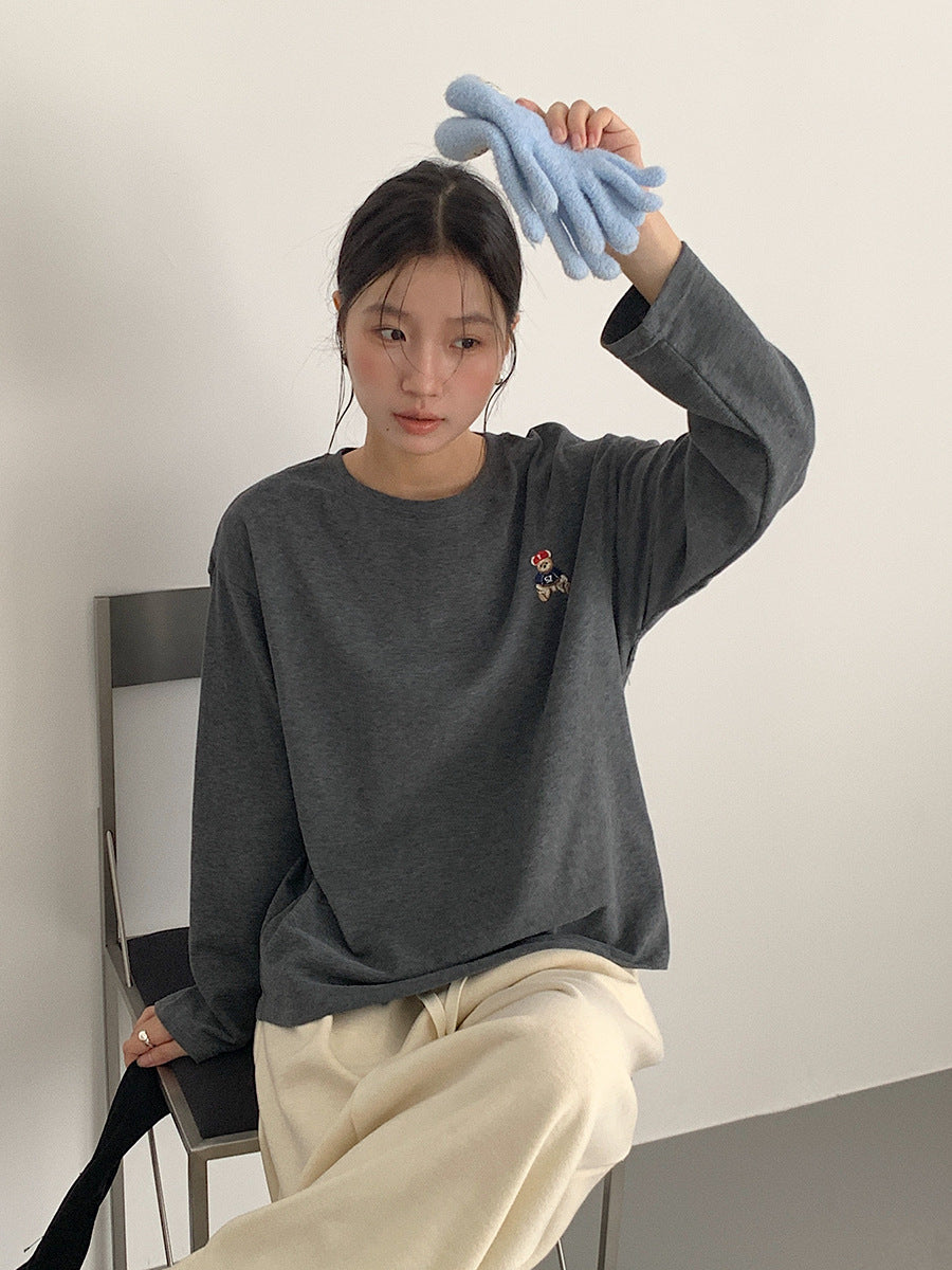 【LD11025】實拍舒適小熊刺繡寬鬆長袖T恤251124