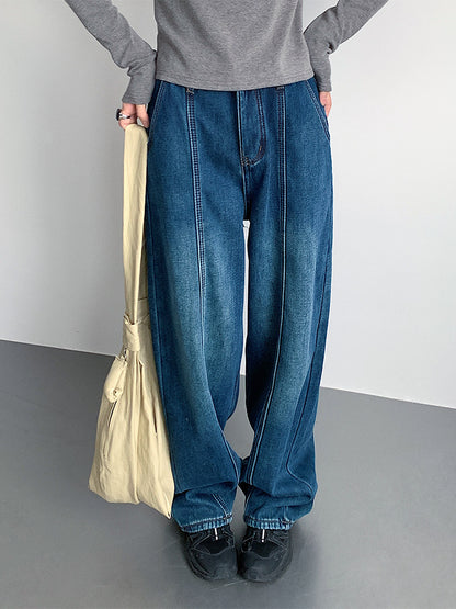 【LD11020】實拍S~XL加絨加厚復古水洗做舊彎刀闊腿牛仔褲251110