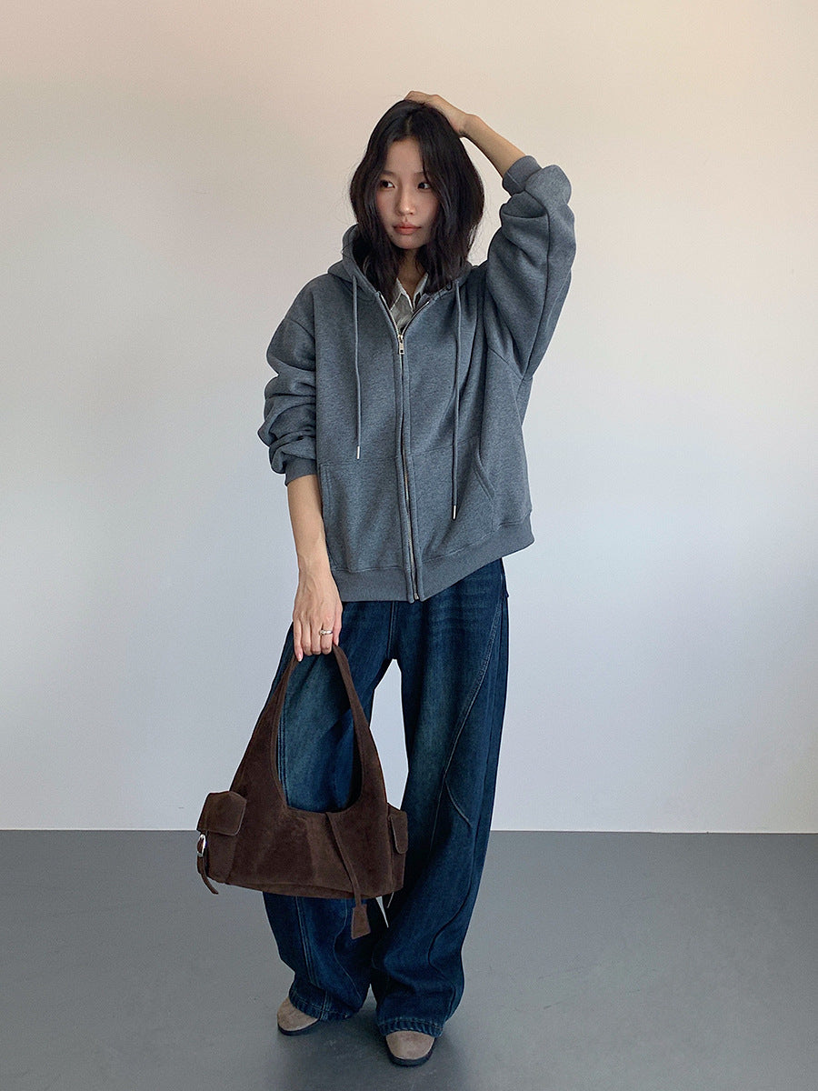 【LD11030】實拍冬季慵懶加絨加厚連帽衞衣外套251124