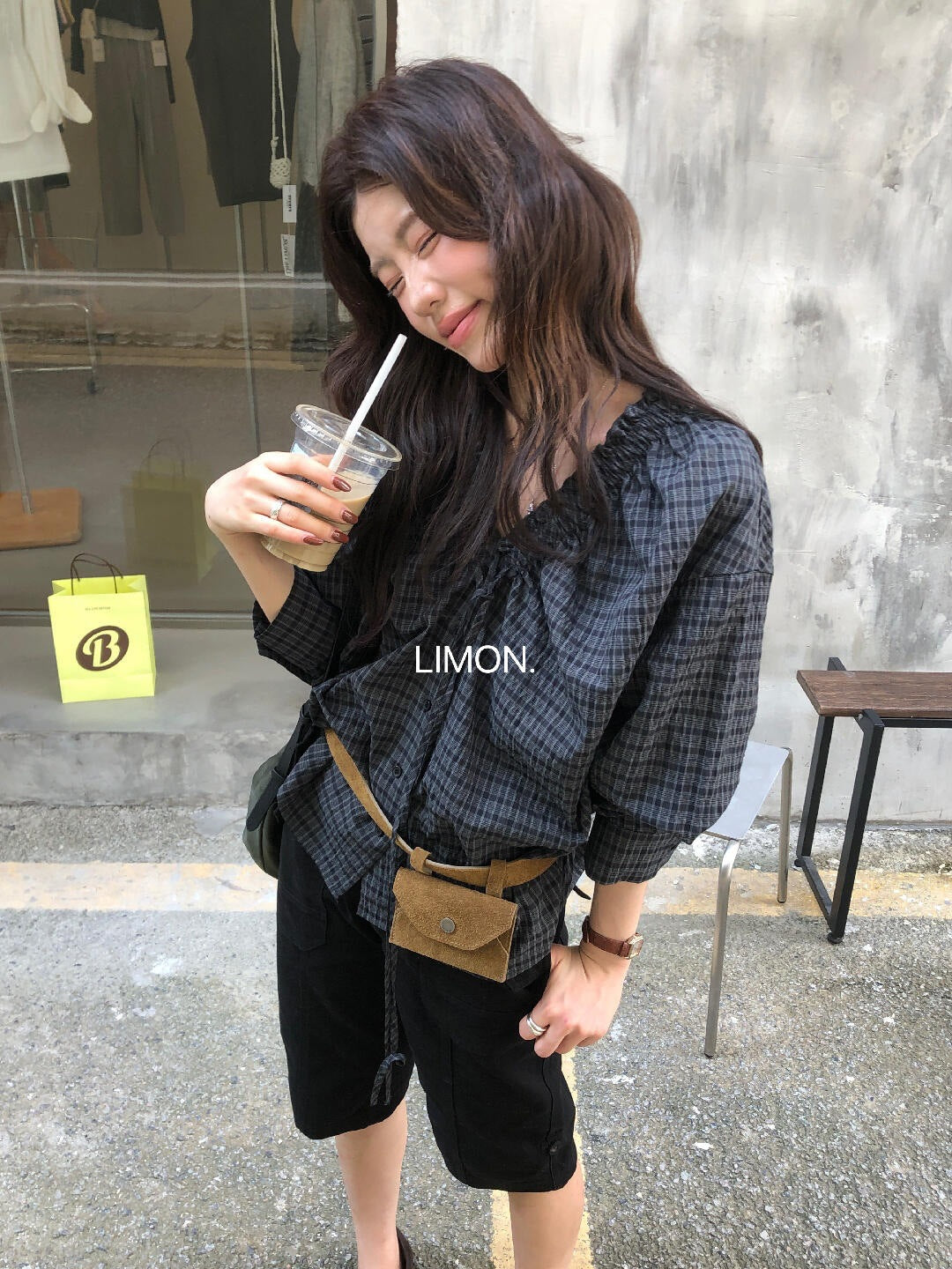【L11016】檸檬2026早秋韓系少女復古格紋綁帶V領長袖襯衫260728