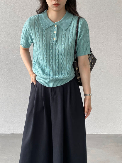 【cimzM8858】復古文青質感☕亞麻天絲麻花POLO領短袖針織衫260520