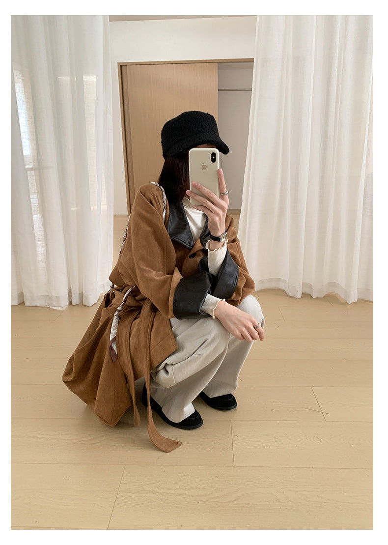 【H569】實拍復古個性皮革拼麂皮絨大衣外套＋麂皮肩背包251021