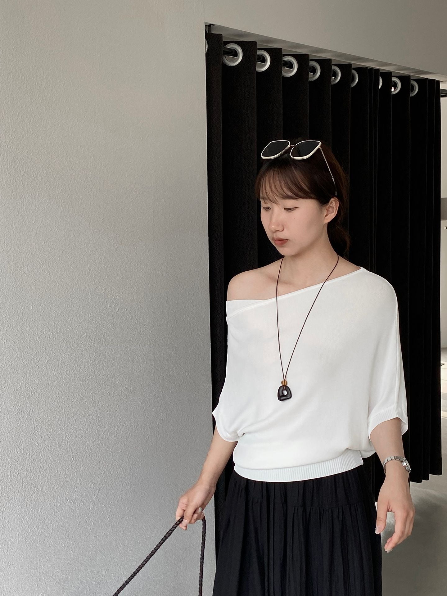【cimz98916】實拍夏日涼感降溫🧊慵懶斜肩蝙蝠袖軟糯針織短袖T恤260429