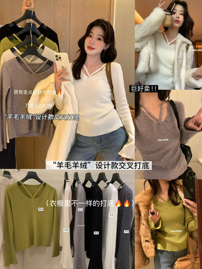 【L8368】實拍檸檬簡約羊毛羊絨喇叭袖長袖針織衫251117
