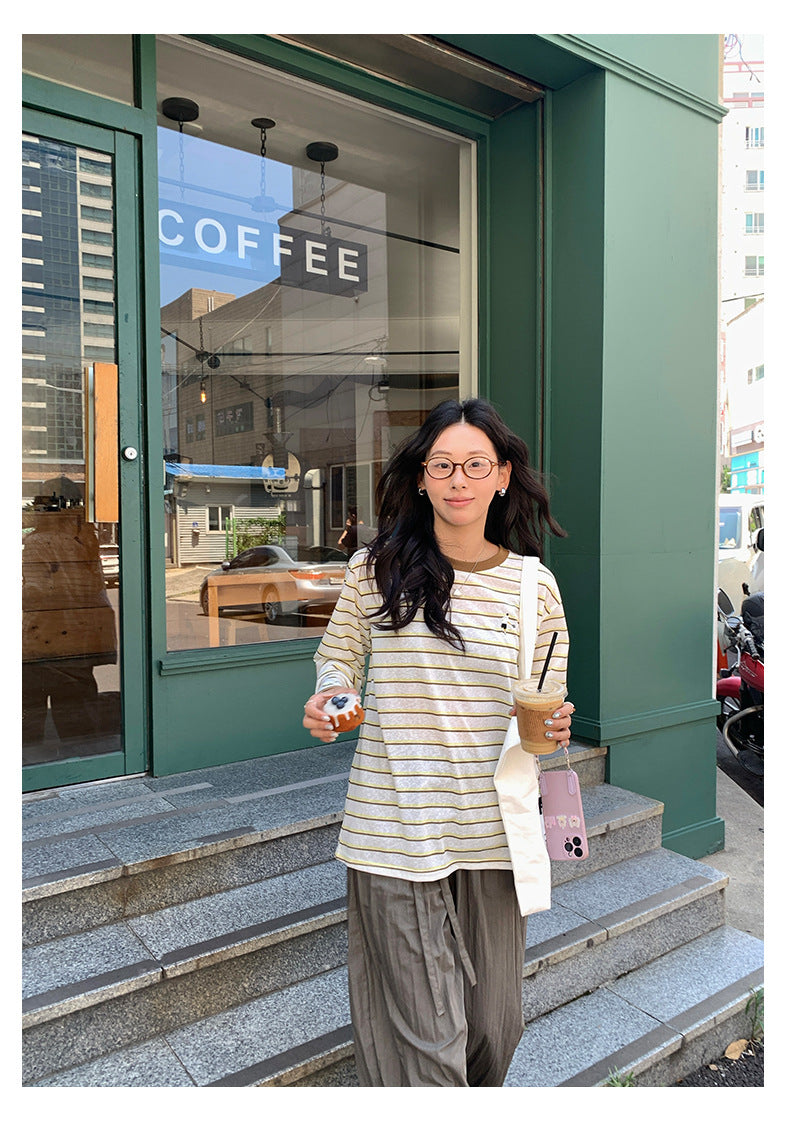 【H5386】實拍寬鬆薄款防曬圓領條紋長袖T恤250902