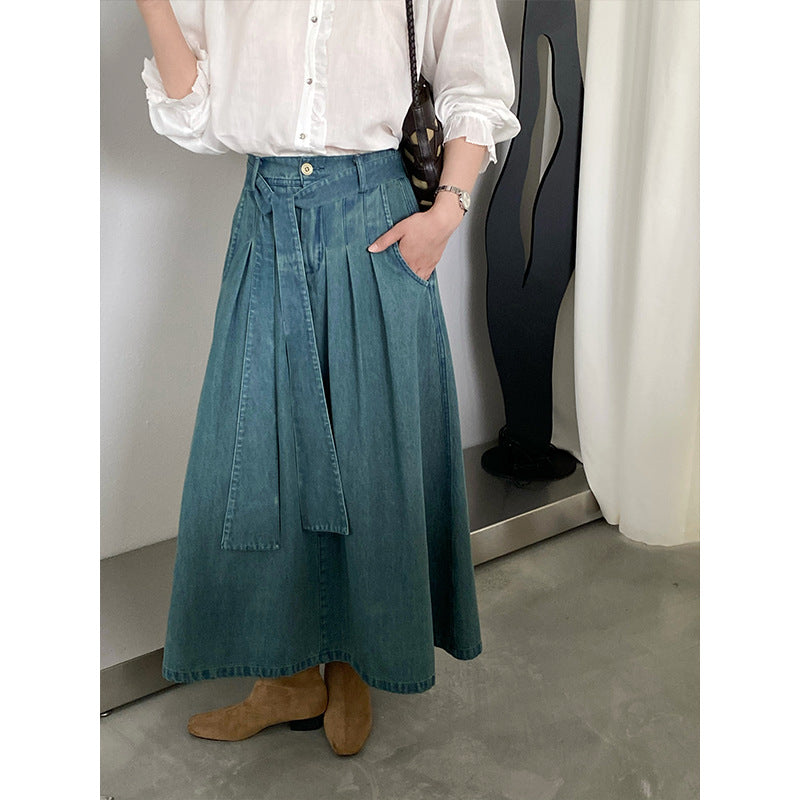 【cimz6517】實拍韓系簡約休閒風✨高腰顯瘦綁帶A字長版牛仔裙260409