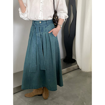 【cimz6517】實拍韓系簡約休閒風✨高腰顯瘦綁帶A字長版牛仔裙260409