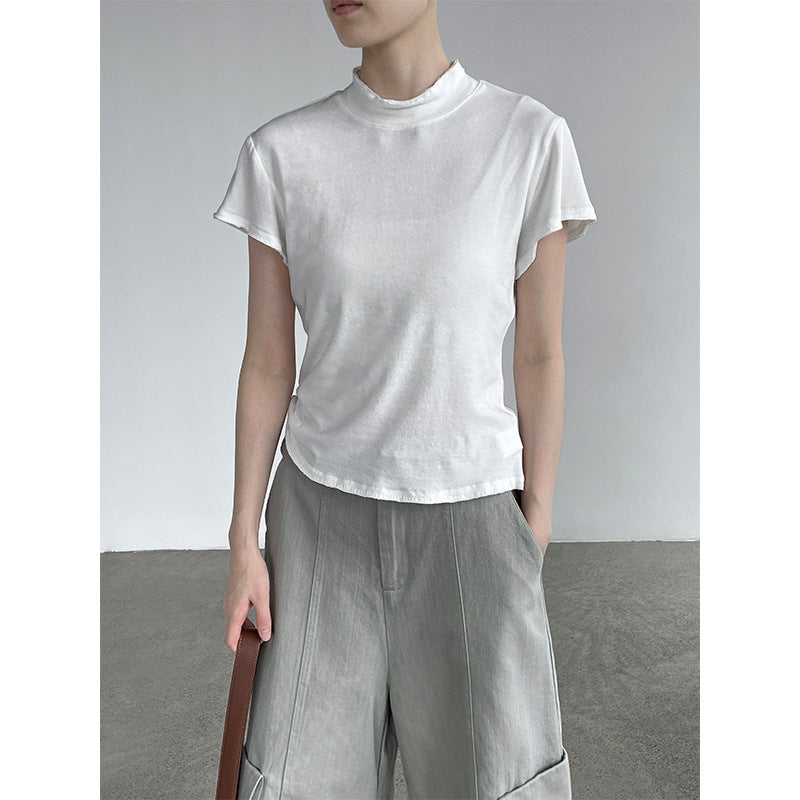 【cimH66207】極簡百搭・正肩半高領毛邊短袖t-shirt 260828