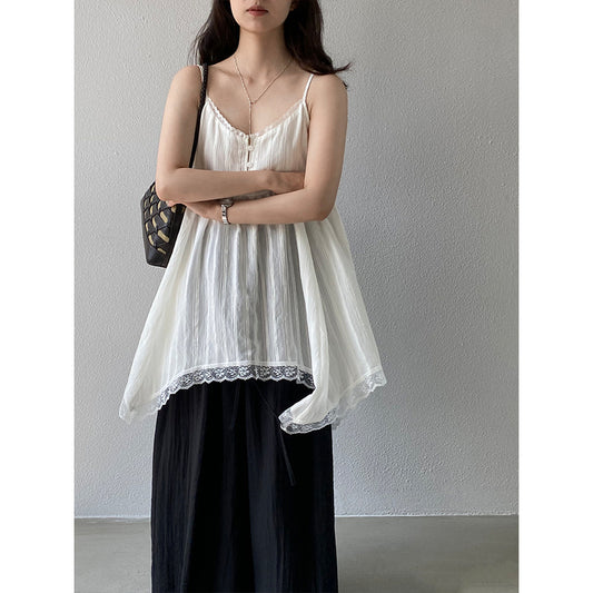 【cimz3002】實拍韓系仙氣層次感🤍氣質不規則蕾絲疊穿細肩帶A字上衣260429