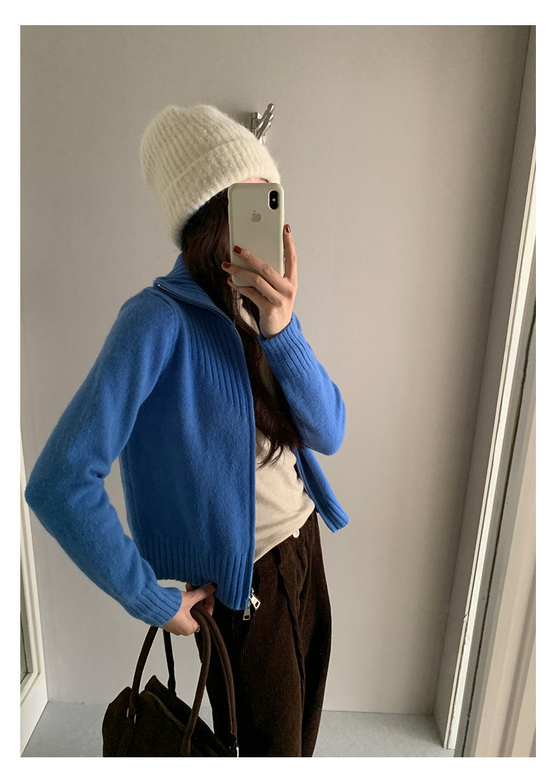 【H559】實拍個性雙拉鍊高領針織外套251021