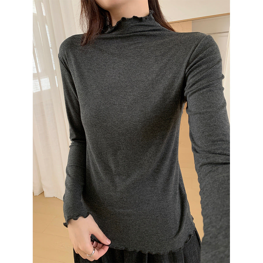 【H568】實拍基礎款木耳邊半高領純色打底衫251021