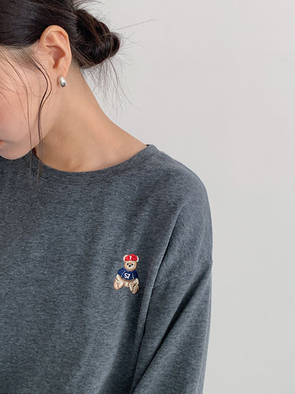 【LD11025】實拍舒適小熊刺繡寬鬆長袖T恤251124