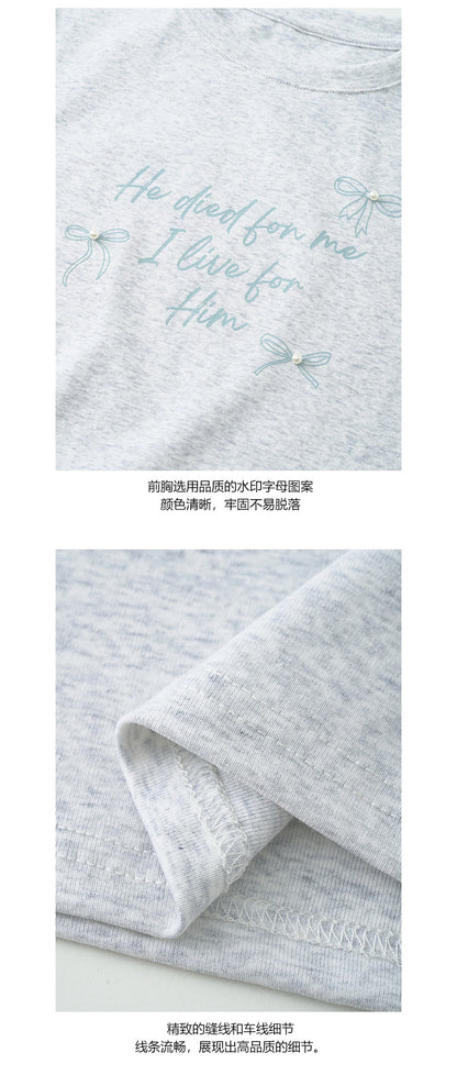 【H5161】實拍夏天甜美優雅蝴蝶結珍珠印花t恤250407