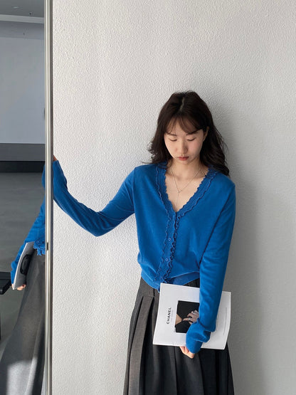 【cimz5643】韓系清新氧氣感🍃寬鬆顯瘦木耳邊V領花邊薄款針織上衣260319