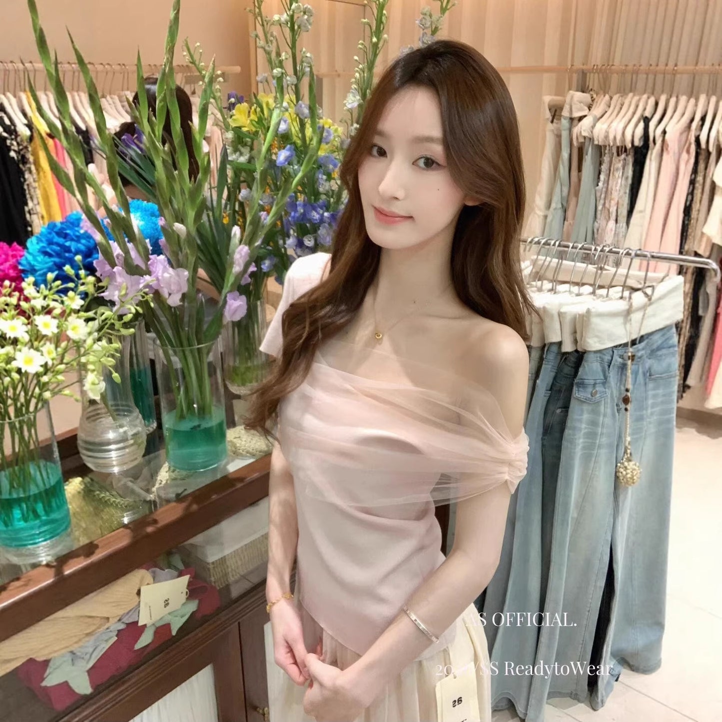 【L16180】韓系純慾氛圍感✨修身顯瘦微透網紗斜肩短袖針織衫260526