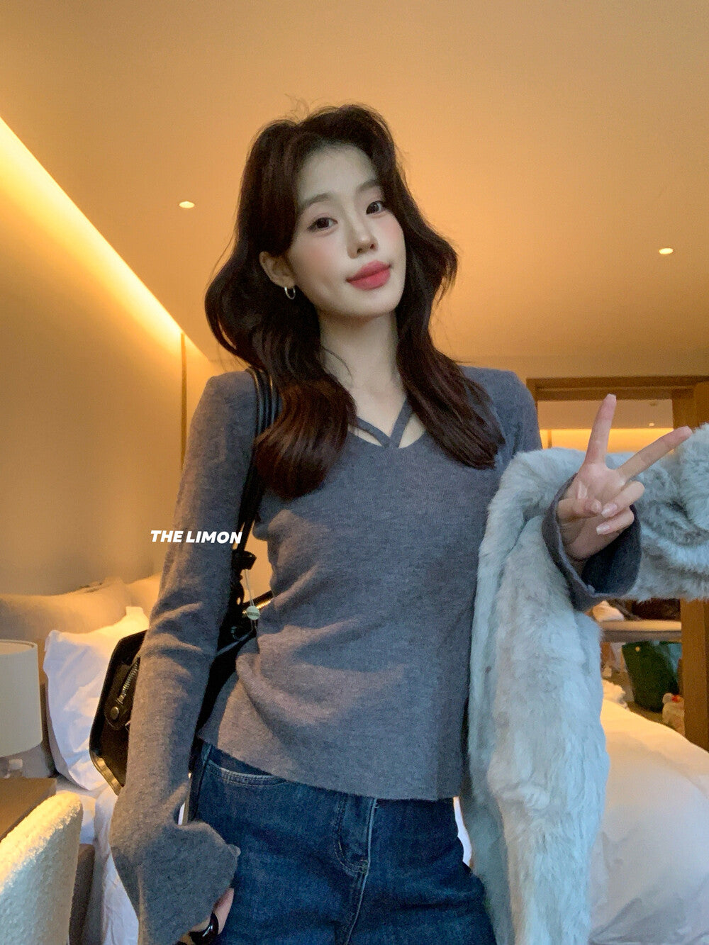 【L8368】實拍檸檬簡約羊毛羊絨喇叭袖長袖針織衫251117