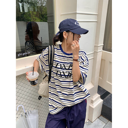 【H5258】實拍夏季韓系條紋撞色圓領T恤250513