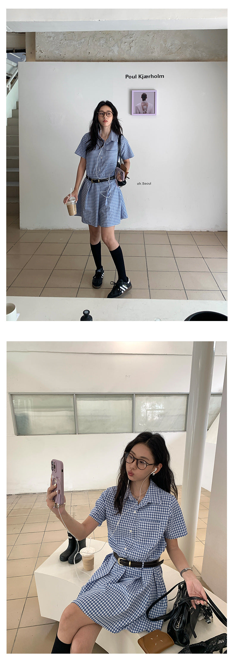 【H5348】實拍夏天藍白格襯衫百褶洋裝250701