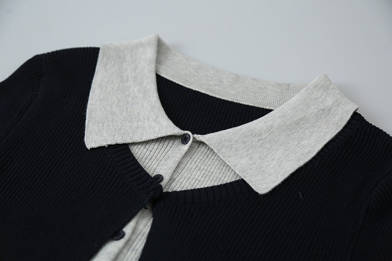 【LD11155】實拍修身顯瘦層次感！撞色拼接假兩件針織罩衫260309