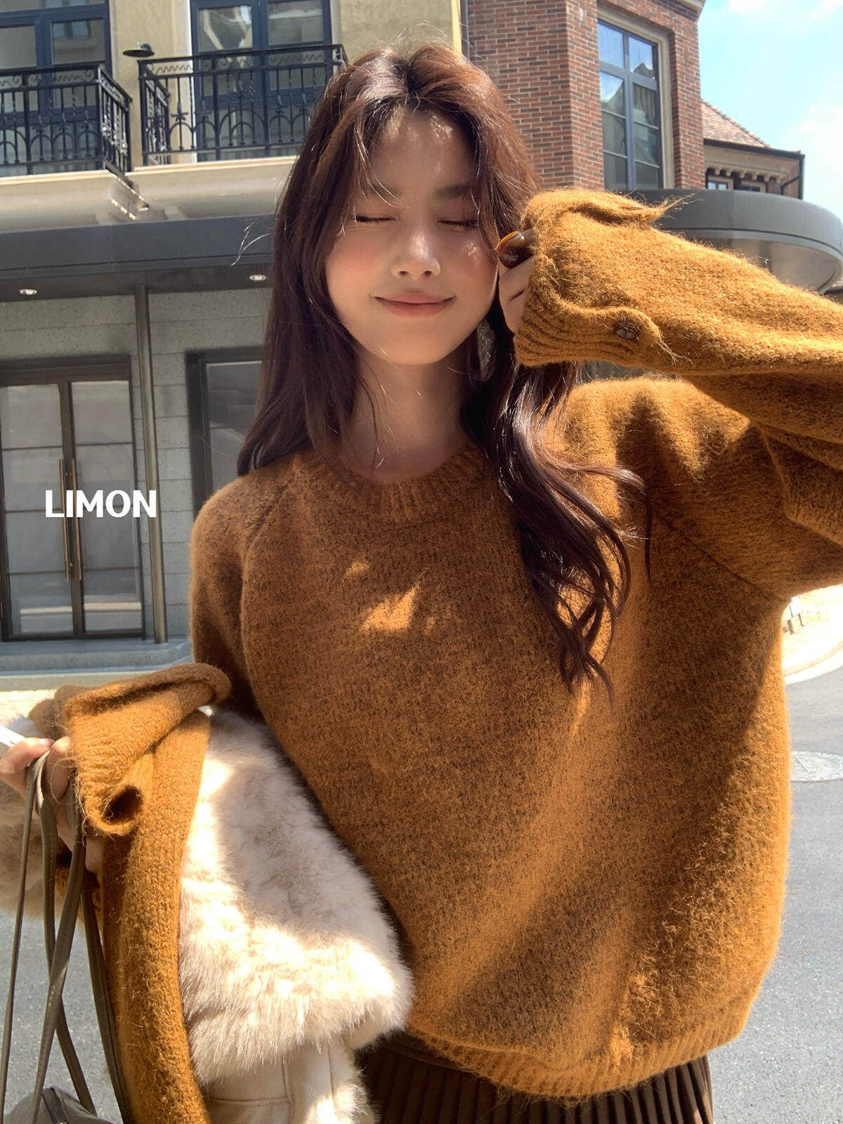 【LD8279】檸檬家韓系慵懶羊毛8%・寬鬆圓領設計感袖口毛衣（附圍巾）261020