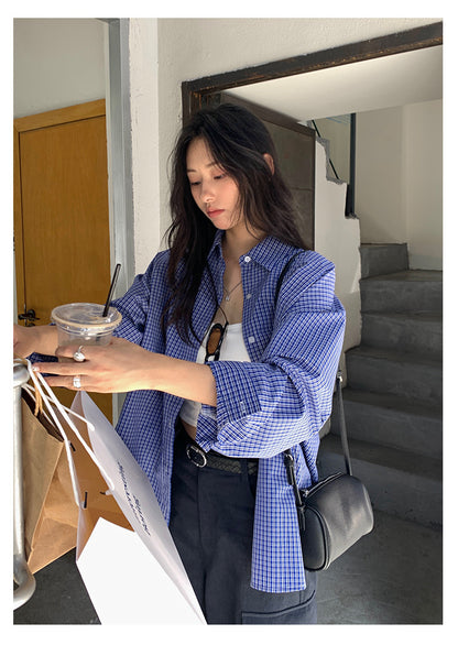 【H5401】實拍後背開叉藍色格子長袖襯衫250902