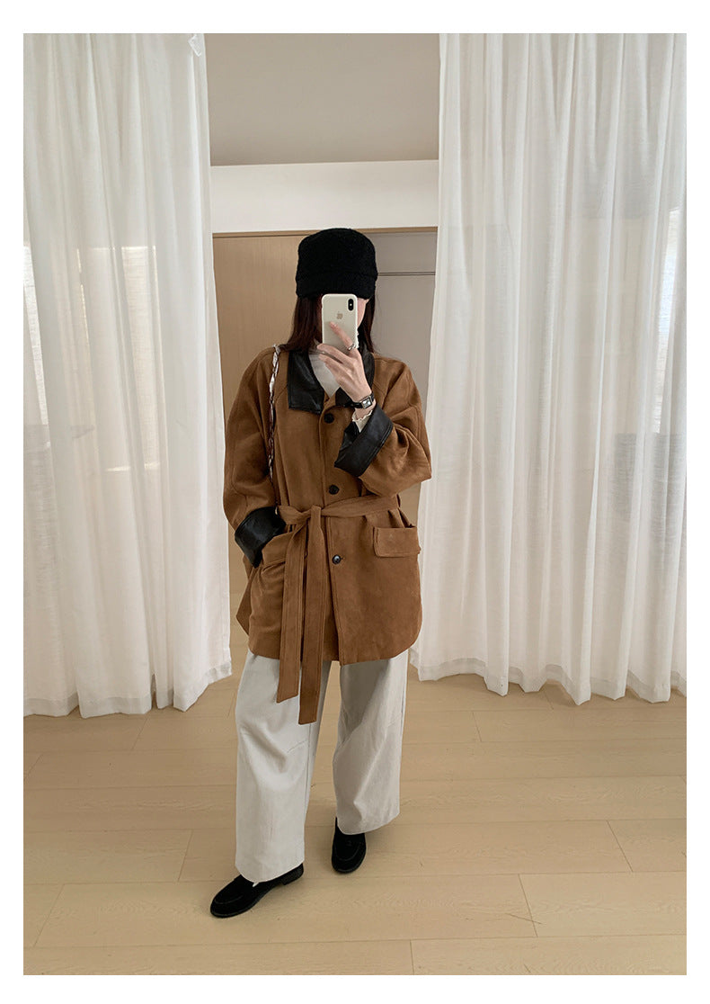 【H569】實拍復古個性皮革拼麂皮絨大衣外套＋麂皮肩背包251021