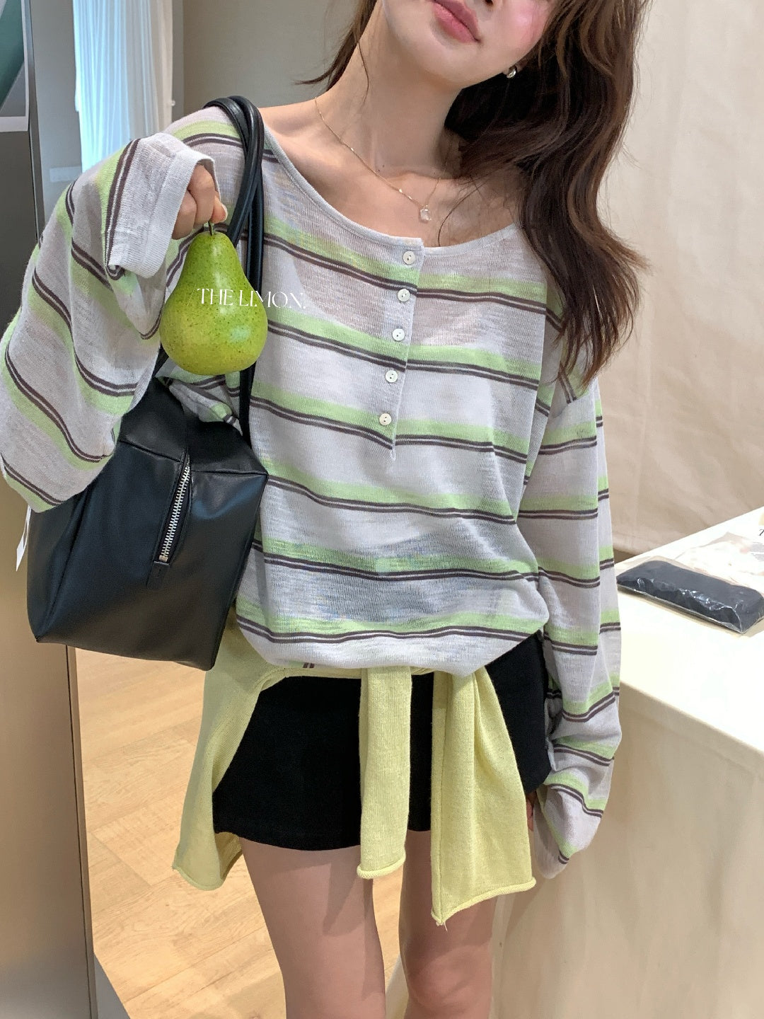 【LT330】實拍檸檬韓系慵懶鬆弛感☁️設計感寬鬆條紋長袖防曬針織上衣260408