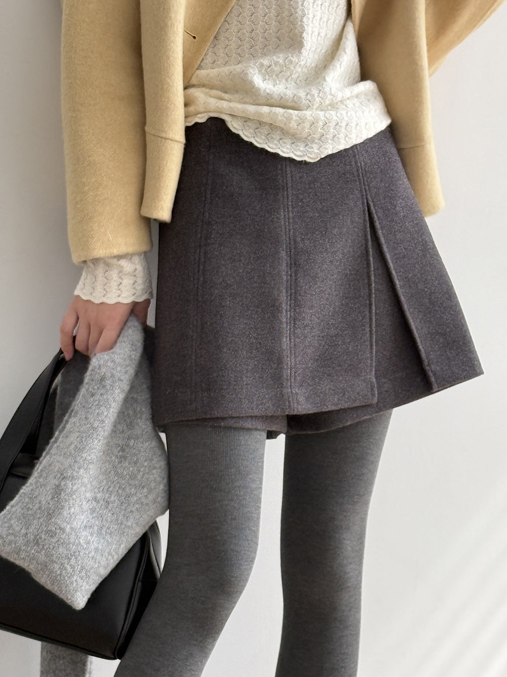 【Y82682】實拍冬季厚款毛呢高腰開叉裙褲 251106
