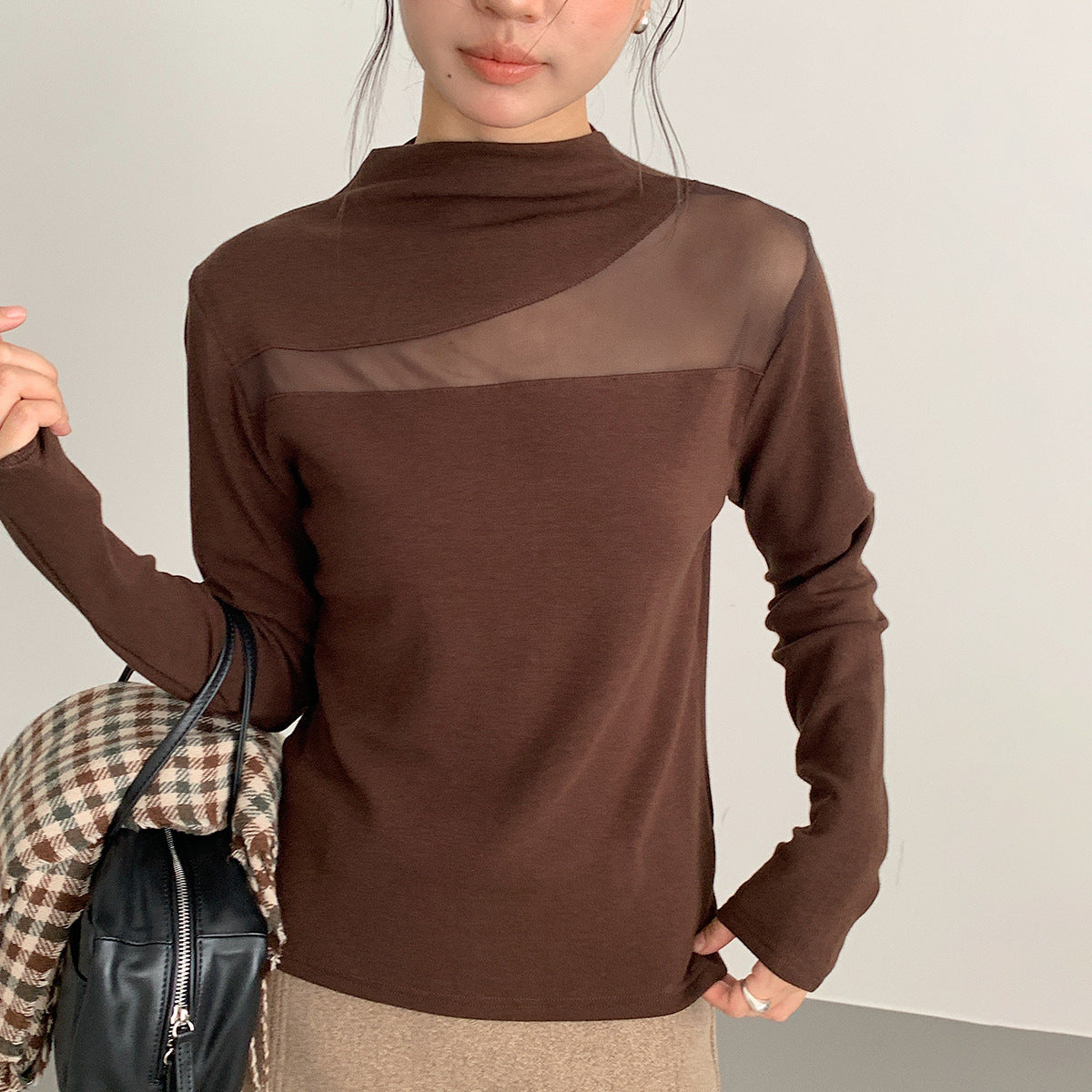 【LD11024】實拍氣質網紗拼接加絨半高領長袖T恤251124