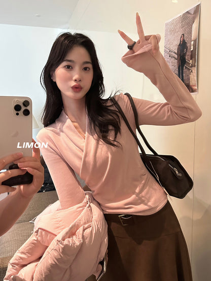 【L9312】檸檬法式簡約交叉羊絨薄绒V領長袖T恤251117