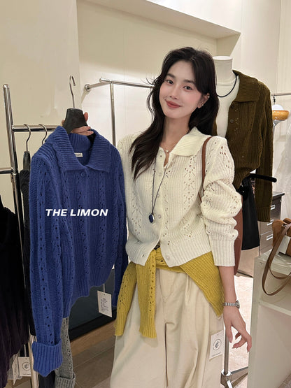 【LSC1072】檸檬簍空polo領針織開衫251117